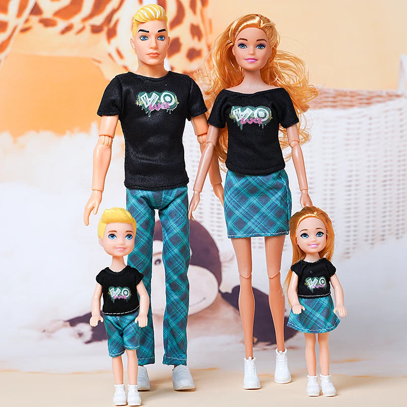 Conjunto de Bonecos Barbie e Família (4 Bonecos) - Pai, Mãe e Filhos com Roupas Combinando