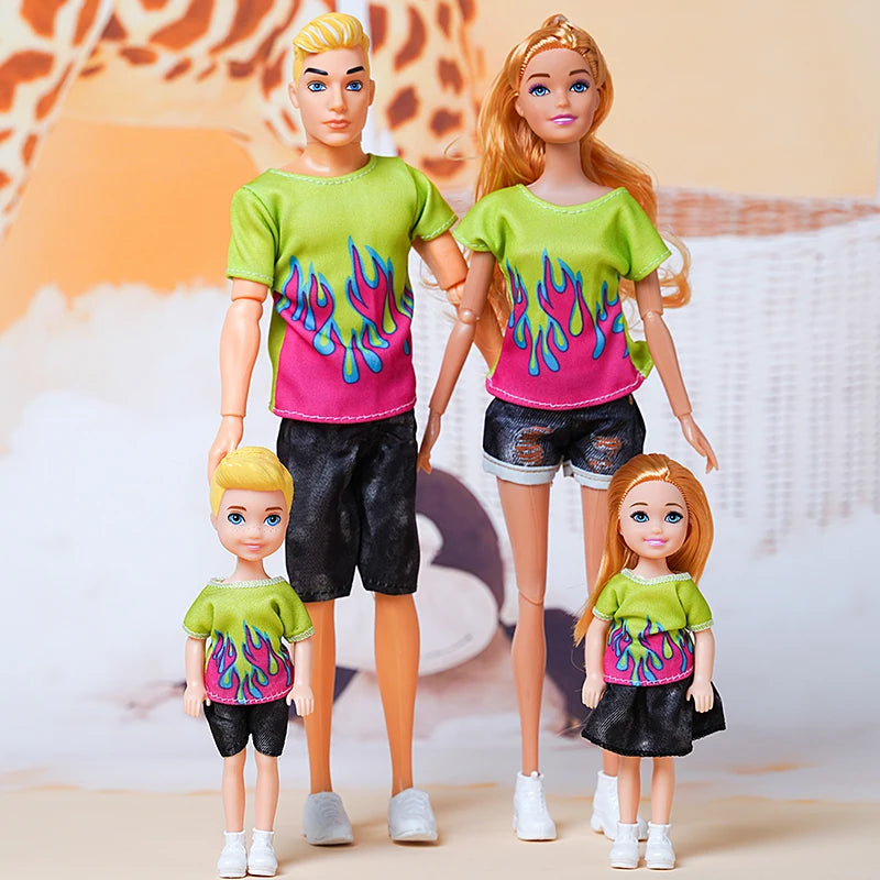 Conjunto de Bonecos Barbie e Família (4 Bonecos) - Pai, Mãe e Filhos com Roupas Combinando