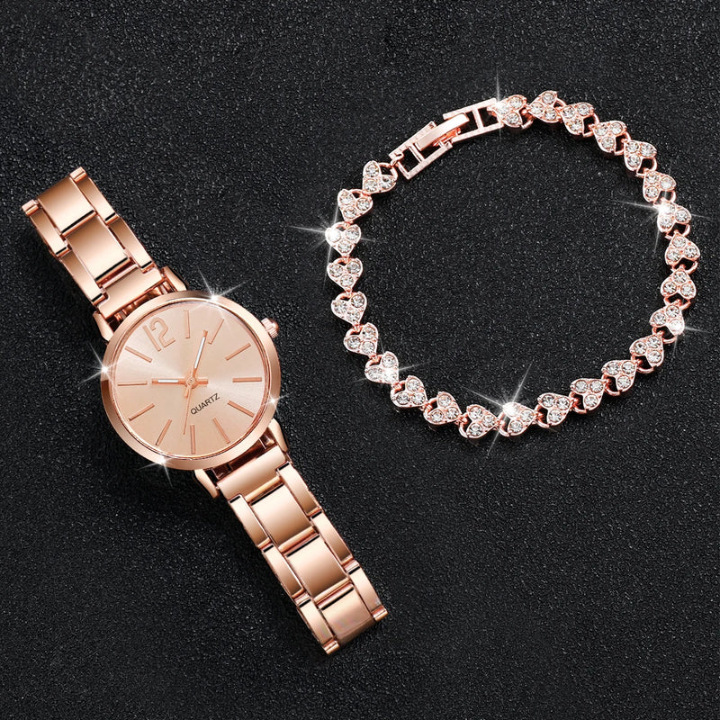 Conjunto de Relógio e Pulseira de Cristais de Coração
