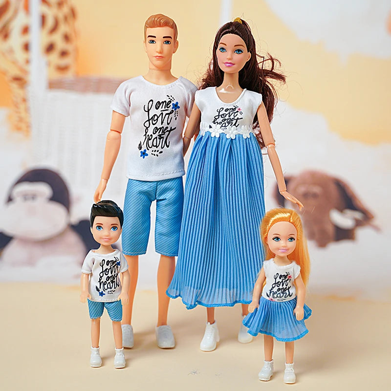 Conjunto de Bonecos Barbie e Família (4 Bonecos) - Pai, Mãe e Filhos com Roupas Combinando