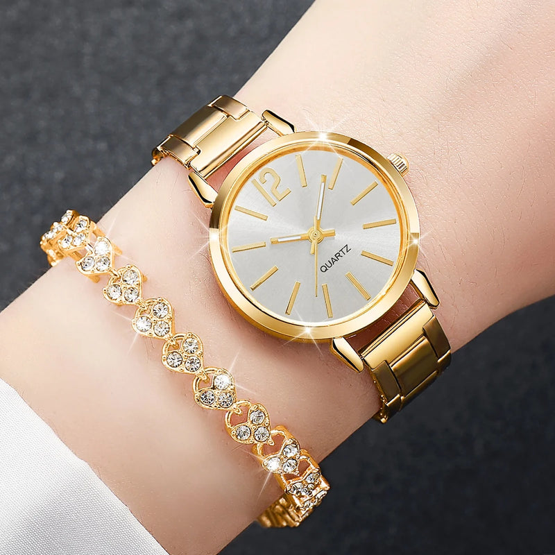 Conjunto de Relógio e Pulseira de Cristais de Coração