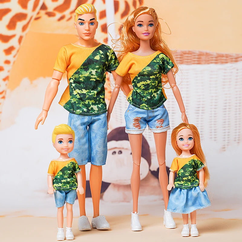 Conjunto de Bonecos Barbie e Família (4 Bonecos) - Pai, Mãe e Filhos com Roupas Combinando