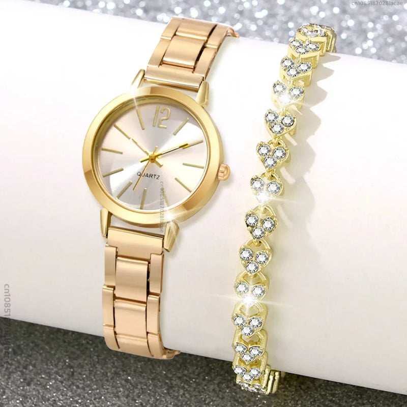 Conjunto de Relógio e Pulseira de Cristais de Coração